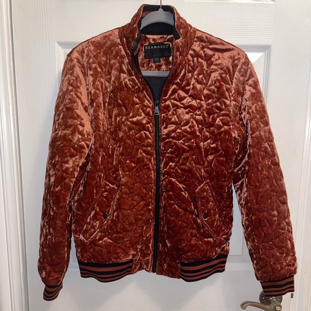 Bernardo Crushed Velvet Bomber Jacket - size S. Terracotta/burnt orange.
